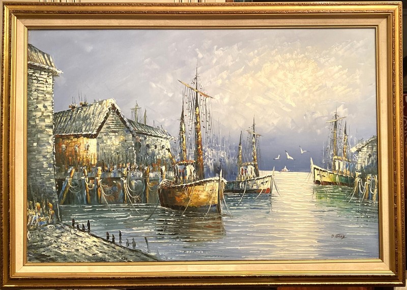 Original Extra Large Textured O/C Fishing Boats In Harbor By D. Ferry, Signed!