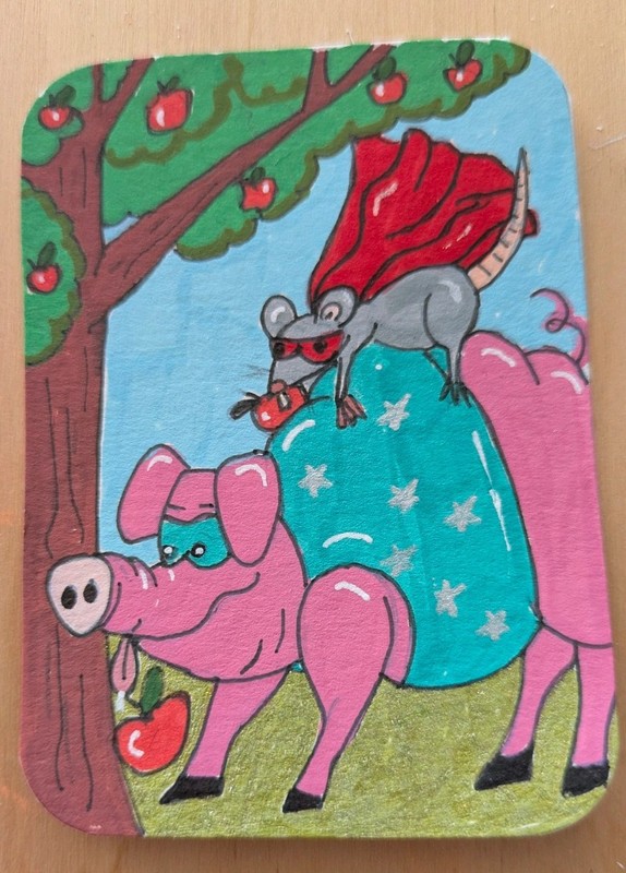 ACEO Toni’s Farm Series 3/6 «When Pigs Fly With Rats» Whimsical Colorful Apples
