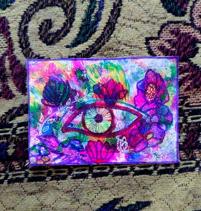 ORIGINAL HANDMADE ACRYLICS COLORS SMALL PAINTING ACEO/Flower eyes/DECO 3.5X2.5 gallery