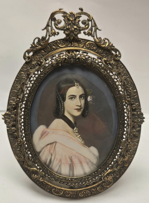 Miniature Painting Lady Jane Erskine In Baroque Style Bronze Filigree Frame