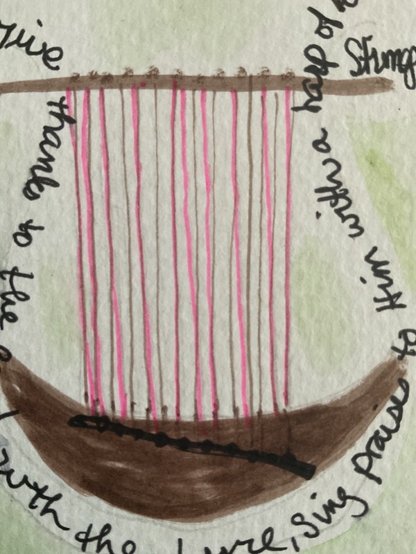 ACEO watercolor art by PJ, art card 2.5 x 3.5: Give thanks with Harp, Psm 33:2