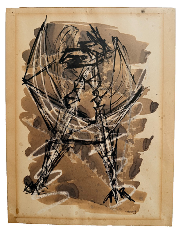 Calvin Albert(1918-2007) Original mixed-media drawing 1950 Brutalist Sculptor