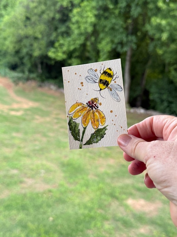 ACEO #38 Bumble Honey Bee, Yellow Flower, artist trading card, 3.5x2.5 inch gallery