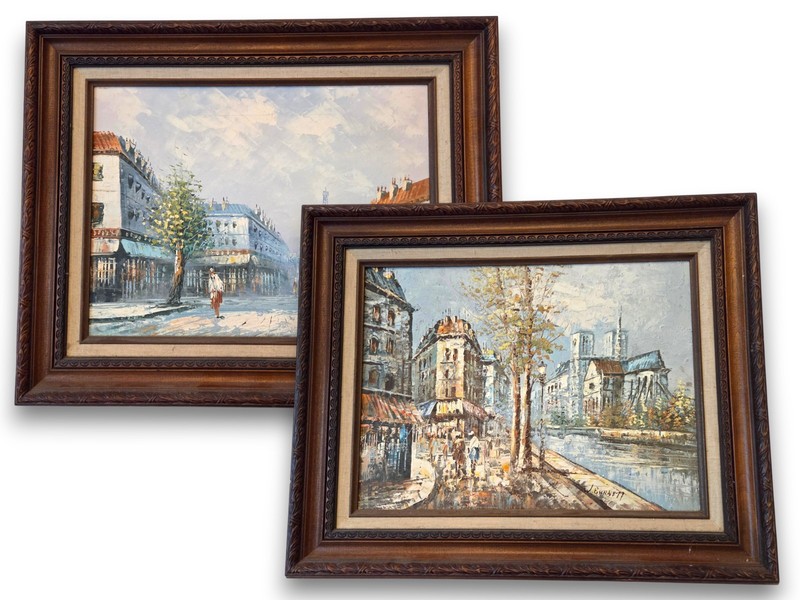 Vintage Set 2 Framed Paris Oil Paintings Decor Art Signed Caroline Burnett 17×21