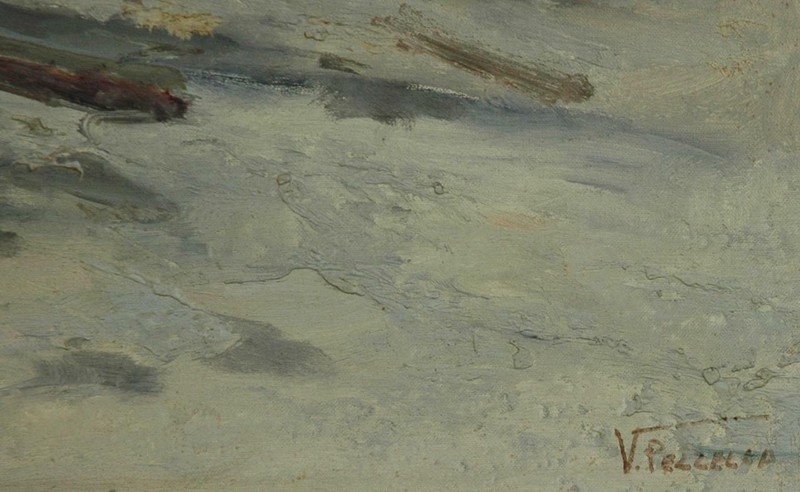 Vintage Oil on Canvas of a Boatyard Marine Scene by Artist Vitolante Pezzella gallery