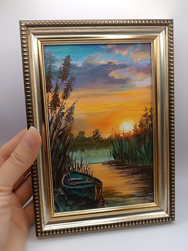 Original Miniature Sunset Lake Oil Painting Boat River Landscape 4x6 Small Art gallery