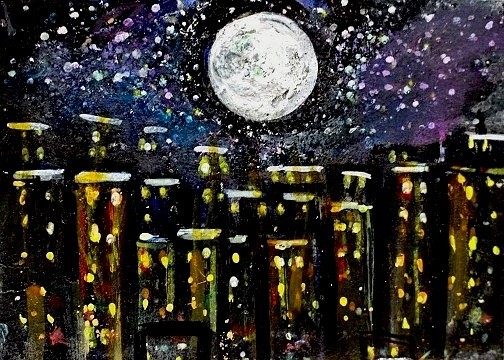 ACEO Original Painting CITY Buildings Night Moon Stars NY Landscape Lights ART
