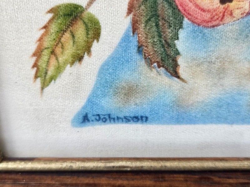 Vtg Folk Art Framed Fruit Theorem Painting Velvet Signed A. Johnson 16" x 13" gallery