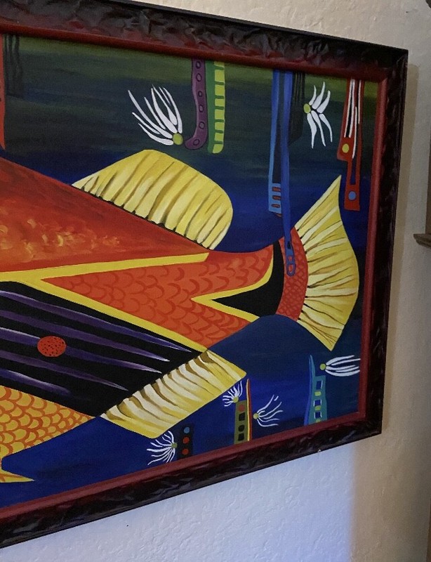 Tropical Fish Oil Painting Bandit Tiki Warrior Carnival Signed Yacoub'98 Vintage gallery