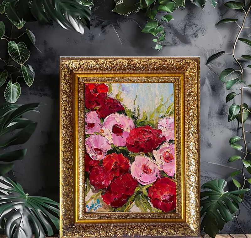 Pink and Red Peonies Oil Painting Textured Palette Knife Floral Art Original gallery