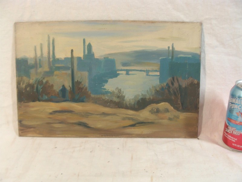 Antique 19 Donald Greason River Overlook Bridge O/B Landscape Painting