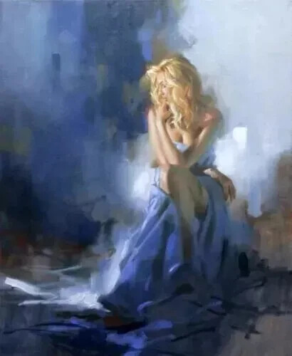 MQ517 Stretched Canvas Frame / Unframed handmade oil painting blue skirt girl gallery