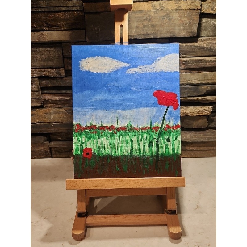 8×10 Blue and Green Floral Field Art – Hand-Painted Poppy Scene