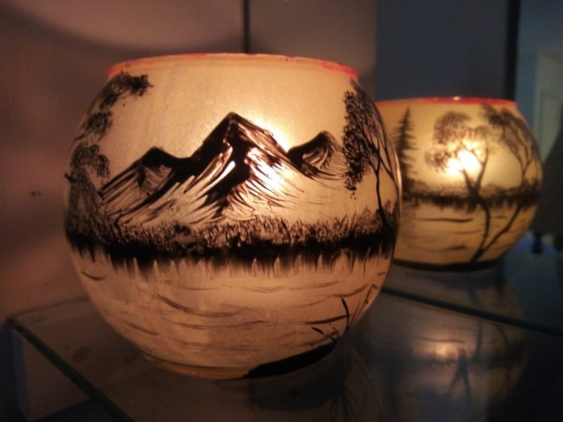 Hand‑Painted Mountain Landscape Candle Holder – Sunset Trees & Lake Silhouette