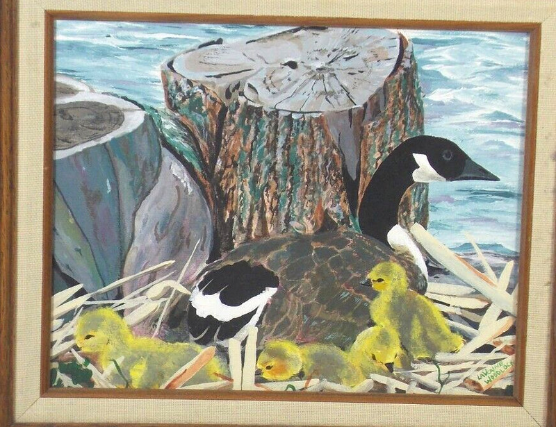 Original Painting Canada Goose & Goslings On Nest Oil? Acrylic? On Canvas Signed gallery