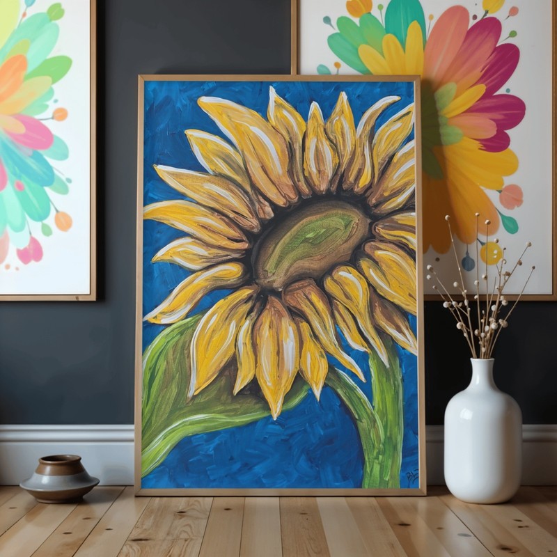 Original Yellow Sunflower Summer Wall Art 16x20in Acrylic Painting on Stretched