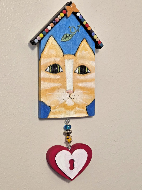 Cat Folk Art Hand Painted Colorful Calico Mixed Media Wall Hanging