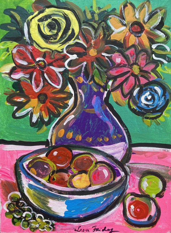 original still-life called «florals and fruits» acrylic on canvas board signed