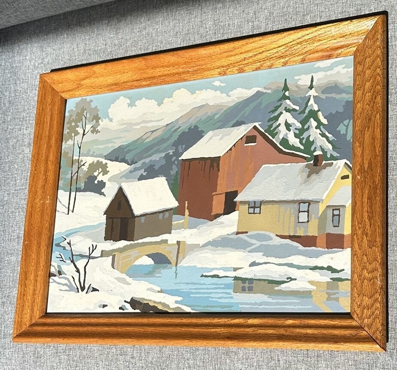 Vintage Painting Paint By Number Winter Country Scene Barns Bridge Craftmaster