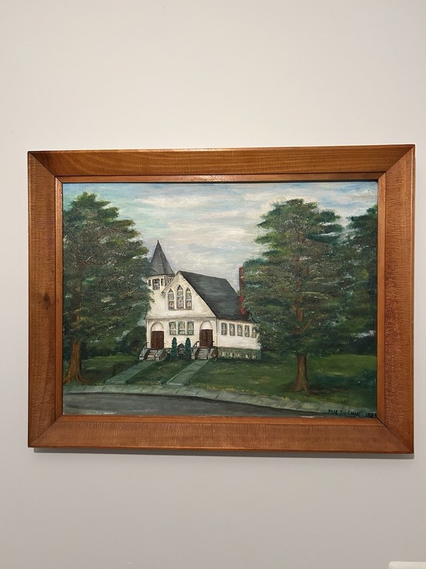 VTG 1956 Original Oil On Board Church Steeple Teak Frame Signed Mae Sudman