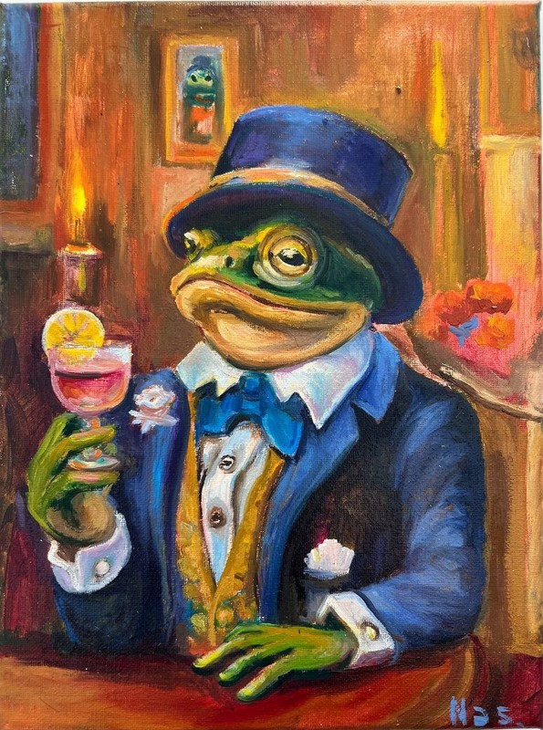 Original Painting oil, 9×12 inches, Frog in a Tuxedo, Wall Art Decor, Home Gift