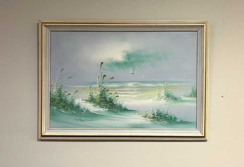 Original 70s Vintge SOFA-SIZE «Key Lime» Ocean SIGNED Seascape FRAMED Gray/Green