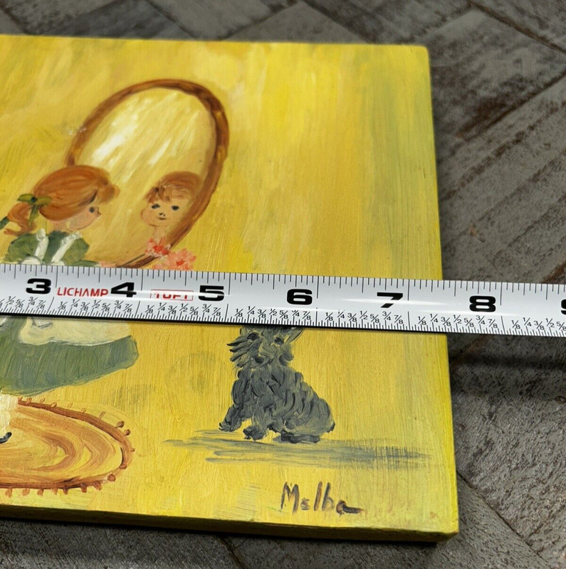 Vtg Oil Painting 1970's Wall Art Red Head Girl w/ Yorkie Dog Wood Plaque Signed gallery