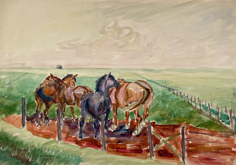 Impressionist Niels Ström *1881 Summer Landscape Horses on the Pasture Denmark