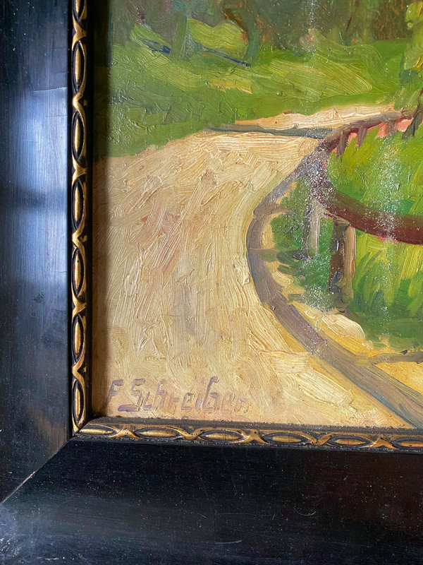 F. Schreiber House by the Waterside Path Mountain around 1900 Antique Frame Oil gallery