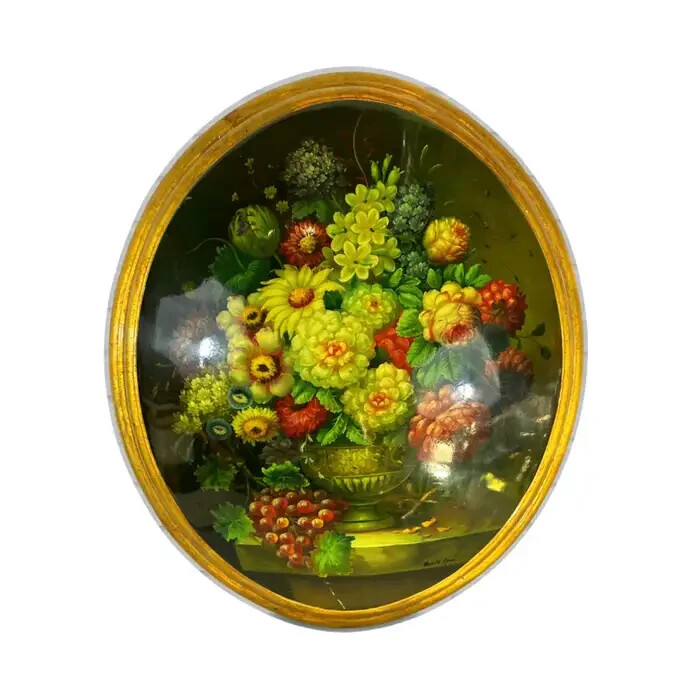 Oval Oil Painting on Gilt Wood Frame, Still Life of Flowers in a Vase with Grape