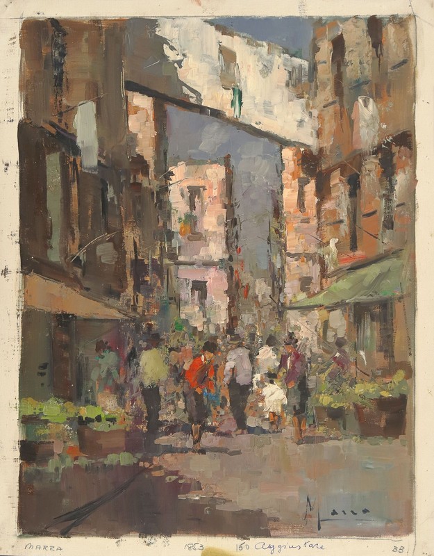 C. MARRA Signed Vintage cMid-1960s Italian Oil Painting ITALIAN STREET MARKET