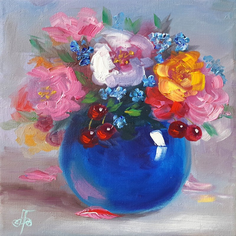 Colorful Floral Bouquet Original Oil Painting Impressionist Still Life Wall Art