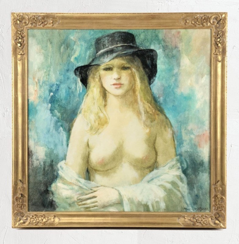 Female Nude Portrait Painting Large Canvas Framed Signed NATHAN WASSERBERGER
