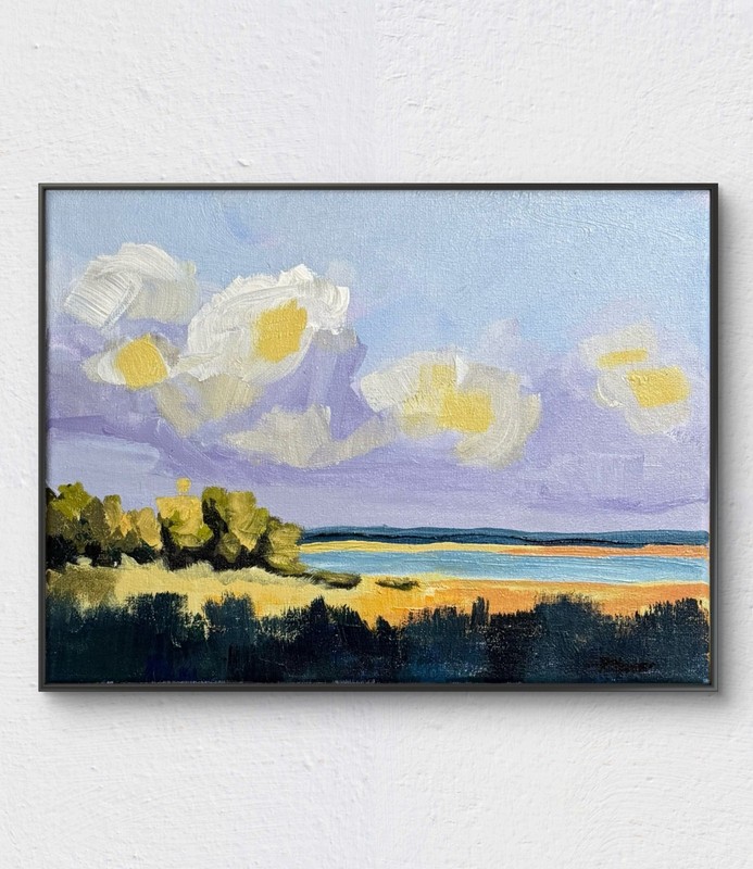 R Stevens 9×12 Original Acrylic Landscape Painting Coastal Marsh Clouds