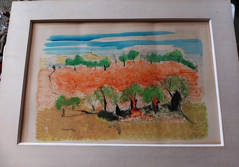 1963 Basque Semi Abstract Watercolor by CHAPAPRIETA MCM Modern Landscape