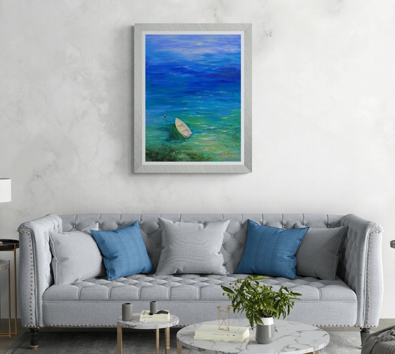 Sea boat from above Original painting OOAK artwork Oil on canvas by A Onipchenko gallery