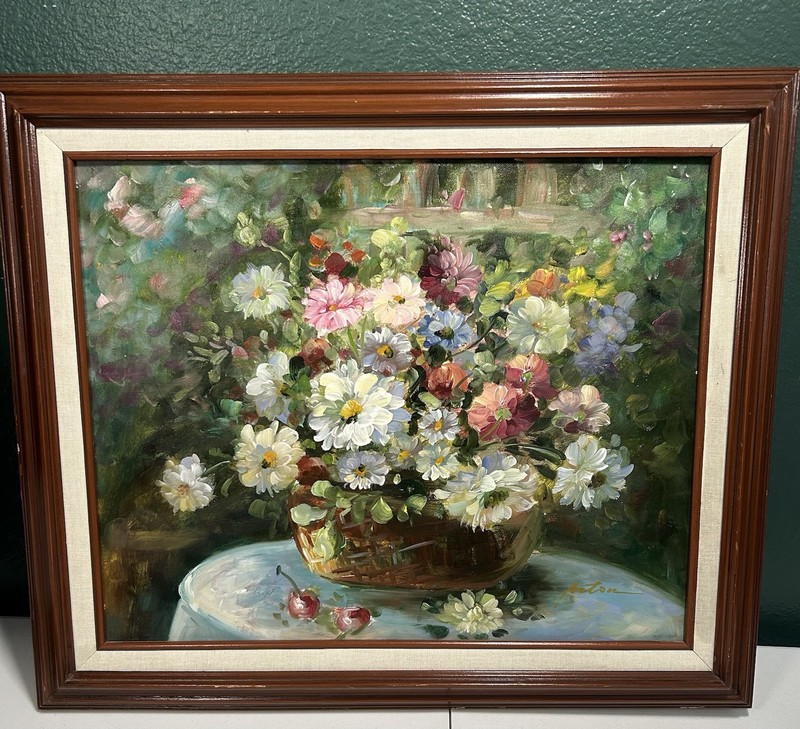 Mid 20th Century Oil on Canvas Wildflower Still Life Artist Signed 16×20 Framed