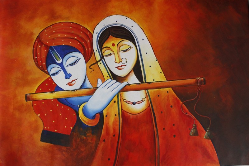 Hand Painted Radha Krishna Painting Of Religious Art On Canvas 38×25 Inches