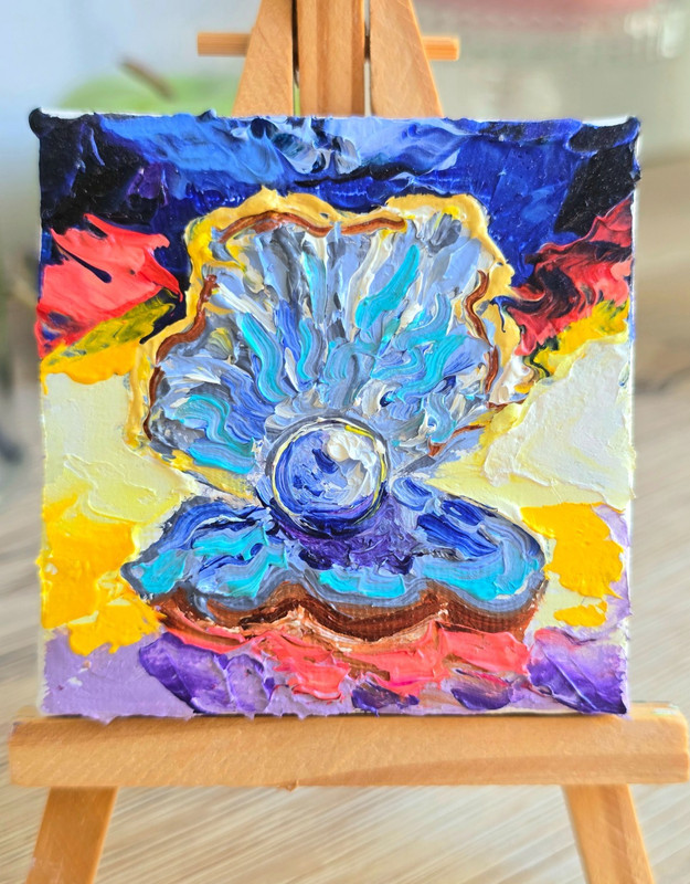 Shell with Pearl Oil Painting 7×7 cm Pastos Painting on Canvas with Easel