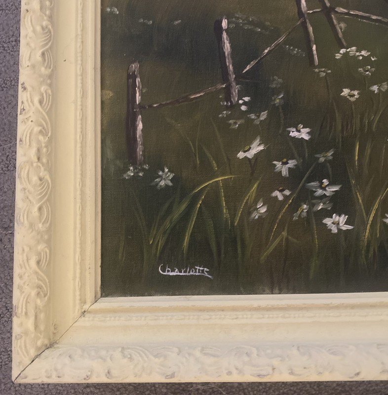 Vntg Original Oil Painting Girl In Field Of Daisies 28” X 22” Daisy Free Ship! gallery
