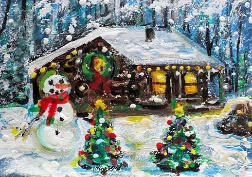 ACEO Original Winter XMAS Cabin Tree PAINTING Snow Snowman Holiday Landscape ART