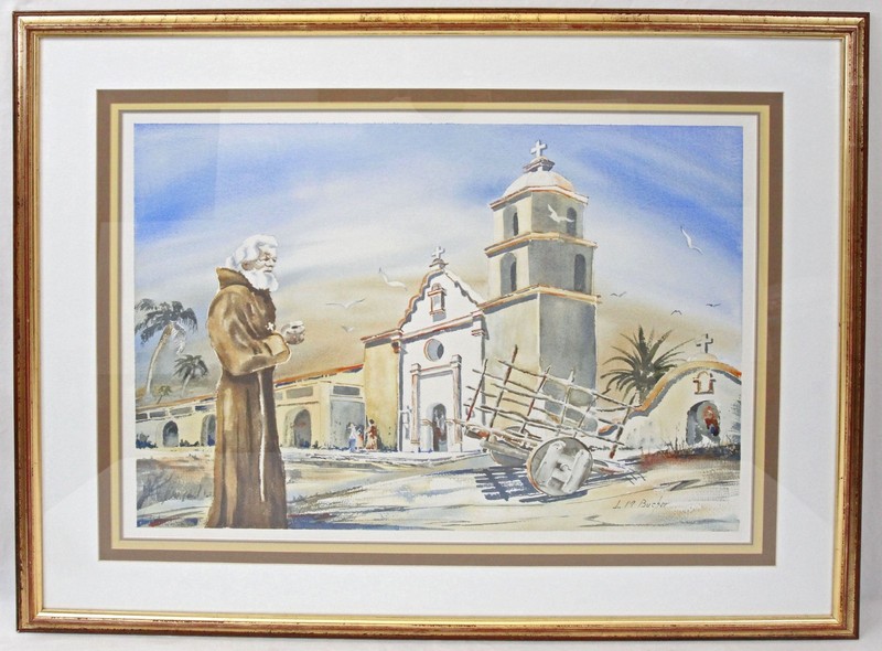 Lloyd M Bucher Original Large Watercolor Painting Mission San Luis Rey & Friar