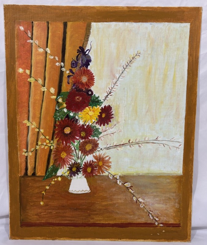 Vintage 1978 Original Folk Art Floral Still Life Painting by «Aunt Mildred»