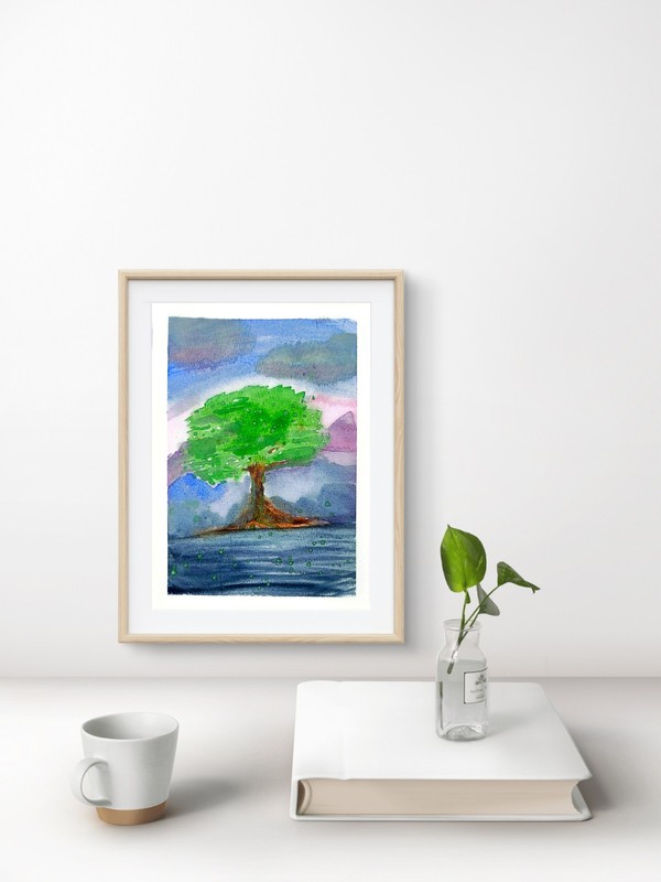 A Lone Tree Colorful Abstract Impressionist Original Watercolor 5x7 Signed. gallery