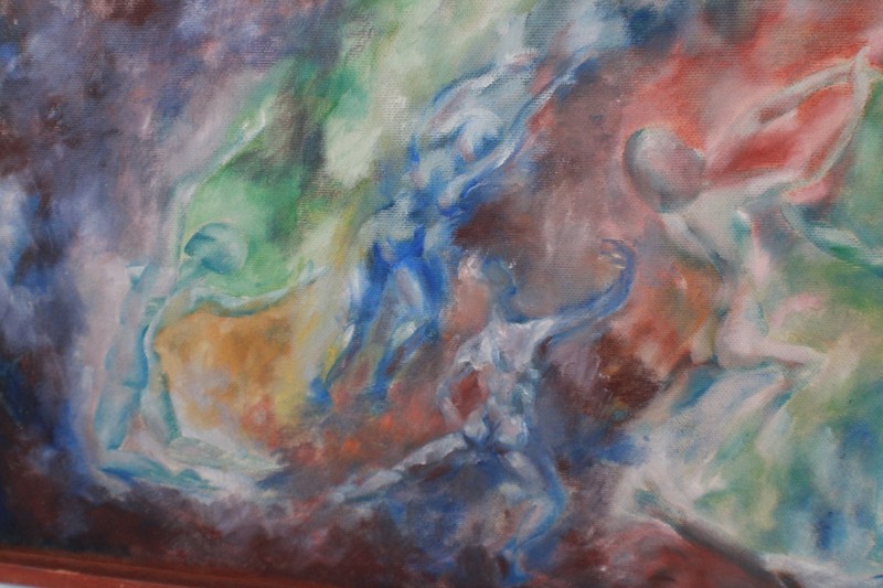 Abstract Figures Mid Century Oil Painting On Board Signed M Schwalb-Mansour 1963 gallery