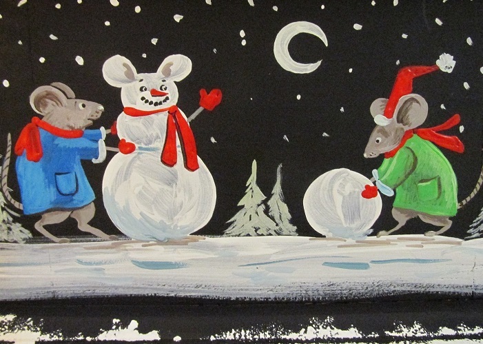 ACEO PRINT OF PAINTING RYTA XMAS MOUSE LANDSCAPE SNOWMAN WINTER FOLK ART Frosty