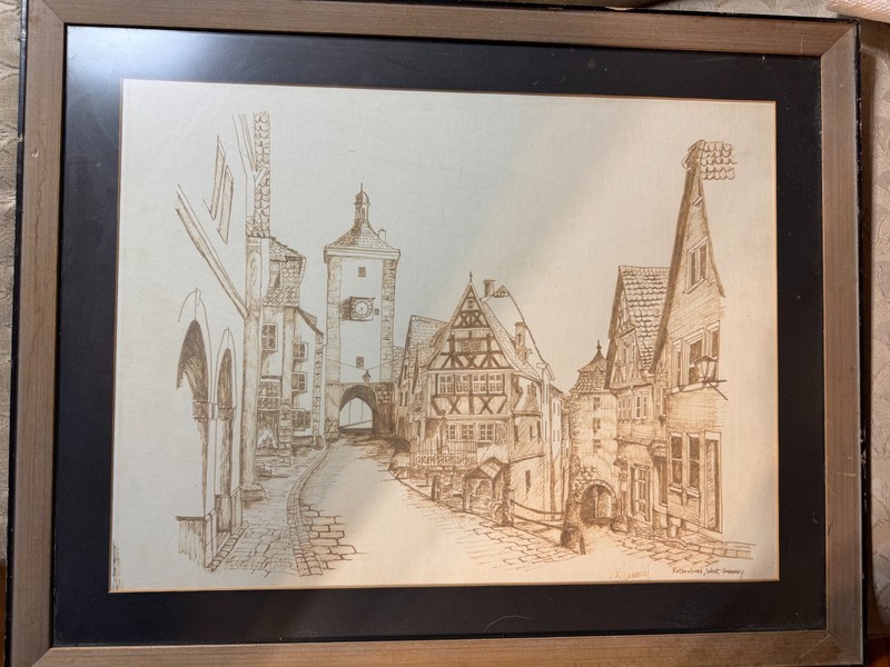 Large Vintage «Rothenburg, West Germany» Pen And Ink Drawing – Signed/Framed