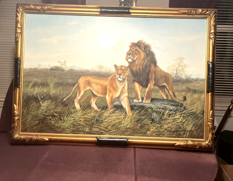 Large American Painting of Lion & Lioness Standing Guard Signed N Woodman?