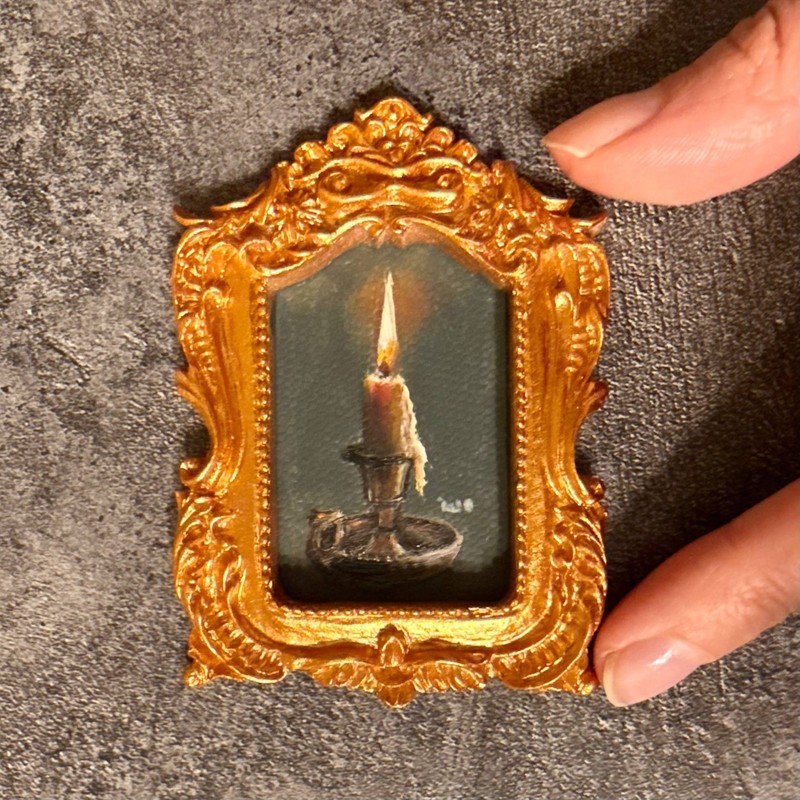 Tiny Gold Frame Painting of Lighted Candle Original Still Life Oil Signed Moody gallery