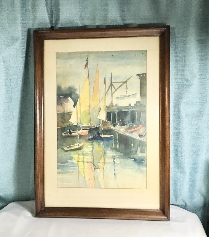 Vintage Framed Watercolor Original Painting Sailboat in Harbor 21x15